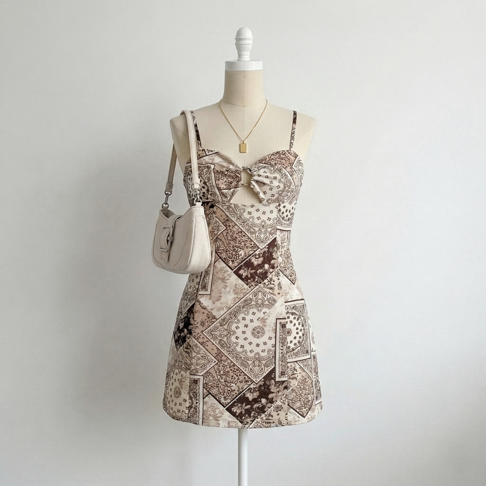 Streetwear Society Elegant Brown, Cream And White Patterned A Line Mini Dress